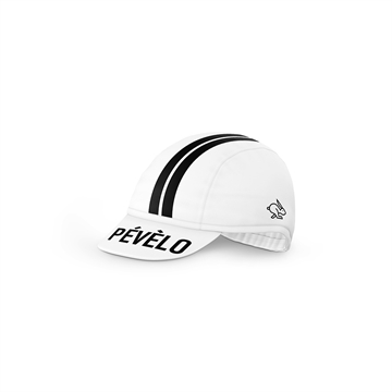 Hvid cykelhat med to sorte striber, teksten "PÉVÈLO" foran, og buet skygge.